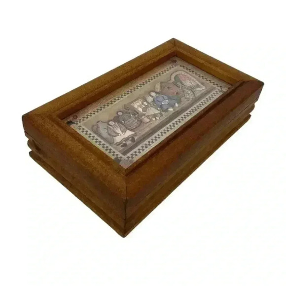 Wooden Jewelry Box Rag Dolls on Shelf Folk Art Print Hinged Lid Country Vintage - Picture 3 of 9